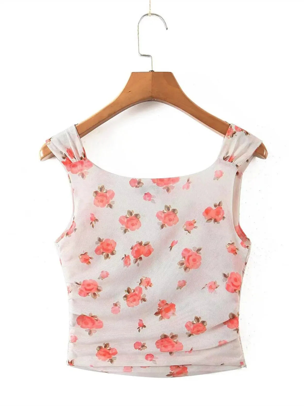 Apricot Floral Mesh Tank Top With V Neck And Ruched Corset Silhouette Sleeveless Crop Cami