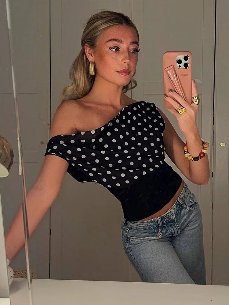 Polka Dot Off Shoulder Crop Top With Skew Collar And Ruched Backless