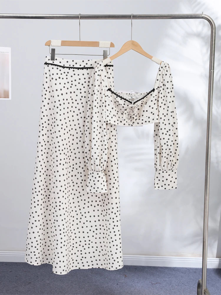 Polka Dot Square Collar Crop Top And High Waist Maxi Skirt Set Outfit