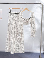 Polka Dot Square Collar Crop Top And High Waist Maxi Skirt Set Outfit