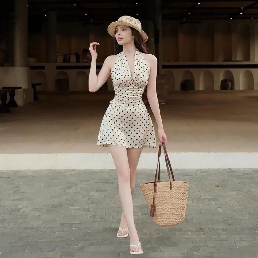 Polka Dot Halter Mini Dress With Ruched Backless Detail