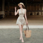 Polka Dot Halter Mini Dress With Ruched Backless Detail