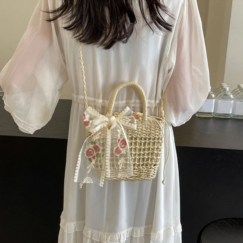 Lace Bow Straw Weave Crossbody Bag Summer Beach Style Small Bucket Elegant And Lightweight