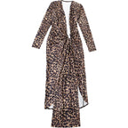 Leopard Print Ruched Deep V Neck Dress With Ribbon Tie And High Split