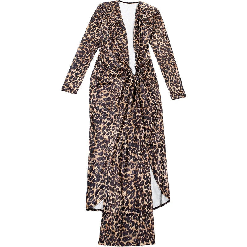 Leopard Print Ruched Deep V Neck Dress With Ribbon Tie And High Split