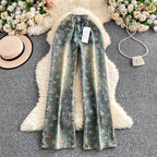 Floral Dream Denim Pants With Wide Leg Silhouette And High Waist