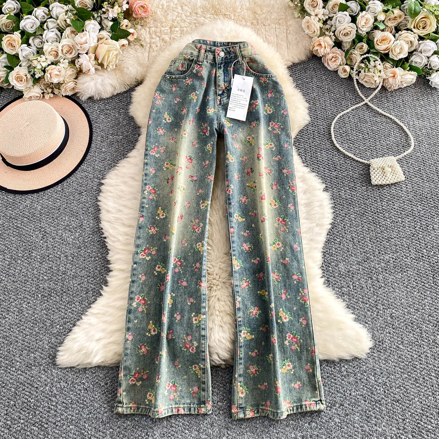 Floral Dream Denim Pants With Wide Leg Silhouette And High Waist