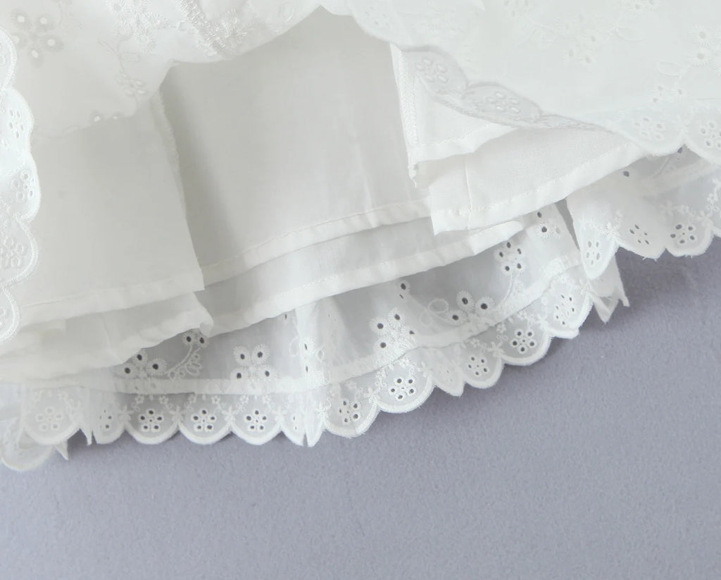White Embroidered Lace V Neck Mini Dress With Hollow Out Detail And Back Zipper Closure