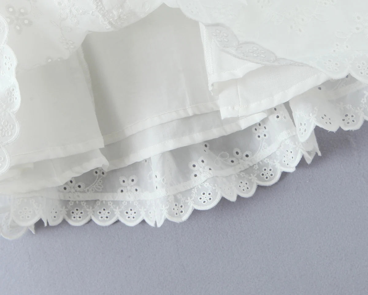 White Embroidered Lace V Neck Mini Dress With Hollow Out Detail And Back Zipper Closure