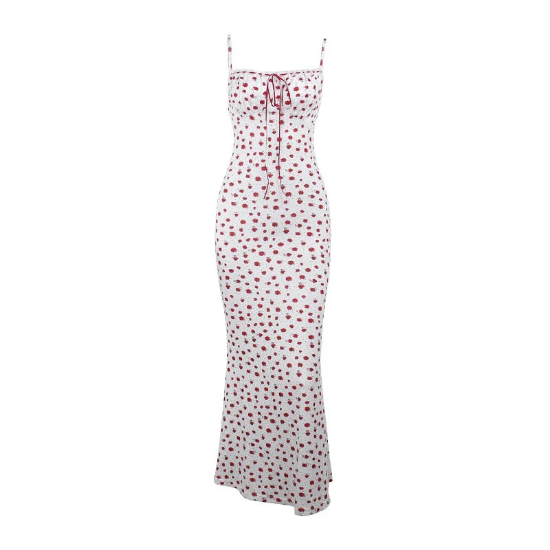 Floral Spaghetti Strap Maxi Dress With Lace Trim And Lace Up Detail