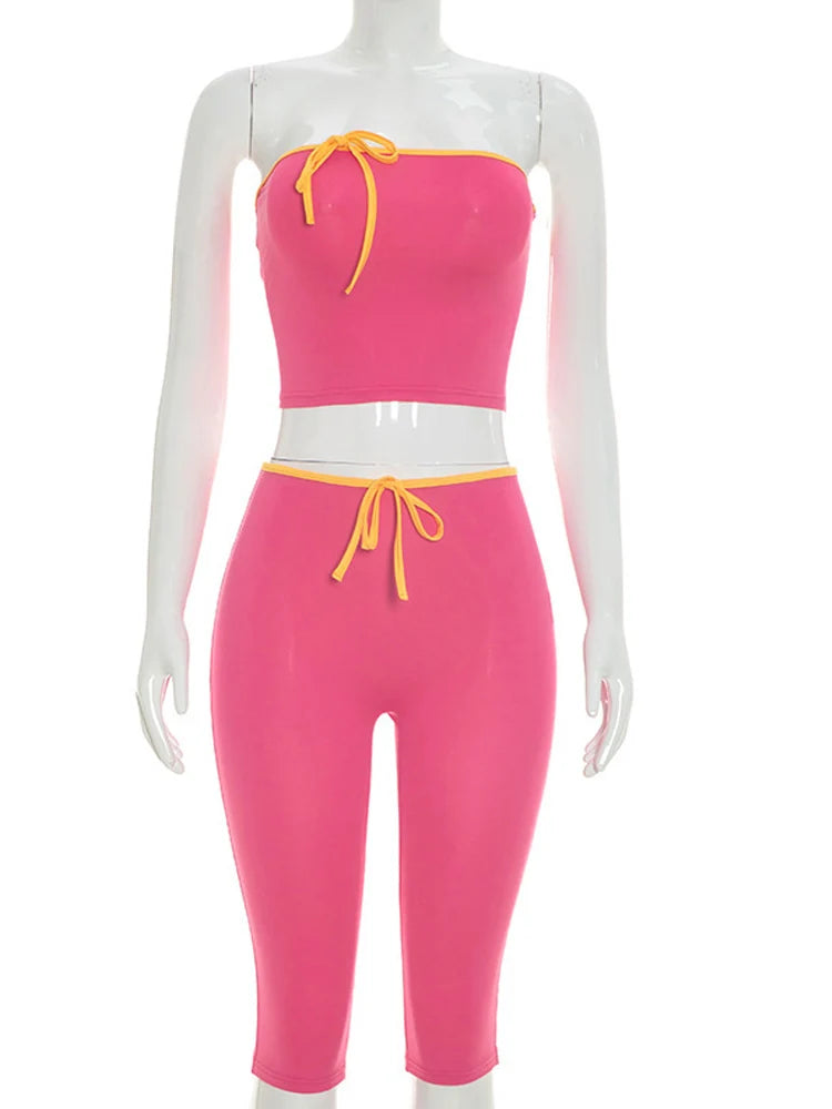 Retro Pink Two Piece Set For Women Tube Top And Capri Pants Summer Streetwear Lounge Set