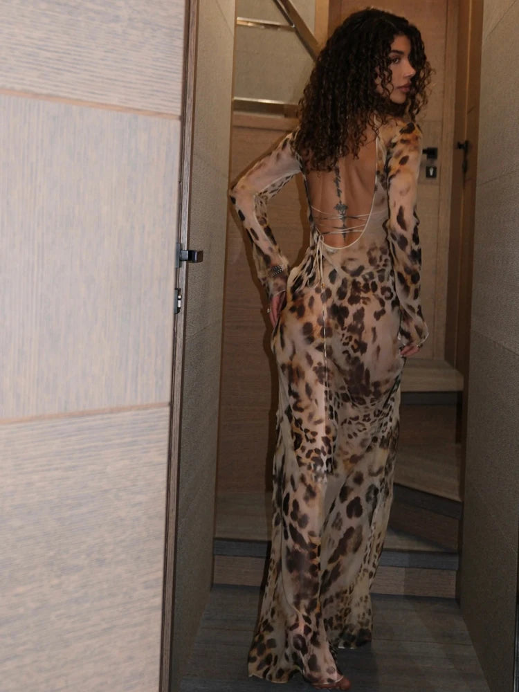 Leopard Print See Through Maxi Dress With O Neck Long Sleeves Backless Cross Bandage Detail