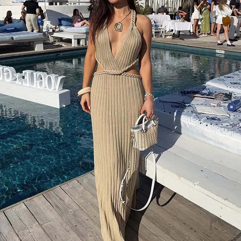 Hollow Knit Maxi Dress With V Neck Sleek Slim Fit Elegant High Slit