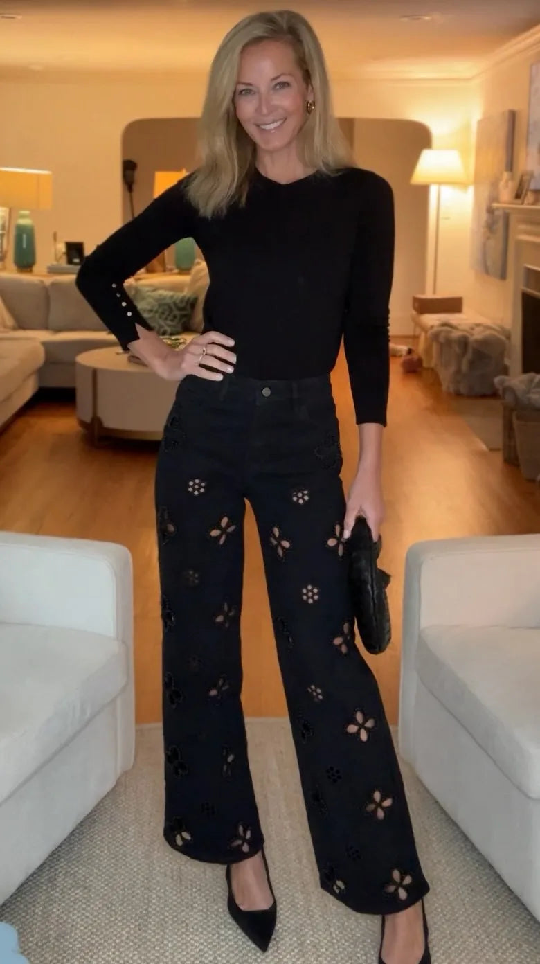 Glam Night Out Beaded Denim Jeans With Pearl Embellishments