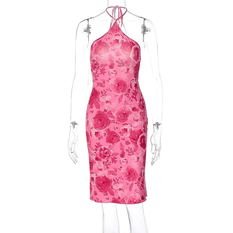 Floral Print Halter Dress With Backless Bodice Sleeveless Bodycon