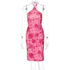 Floral Print Halter Dress With Backless Bodice Sleeveless Bodycon
