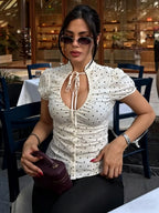 Lace Up Bow Puff Sleeve Crop Top With V Neck For Women