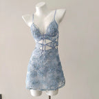 Delicate Lolita Sleepwear Nightdress Set With Flower Lace Mesh And Suspender Details