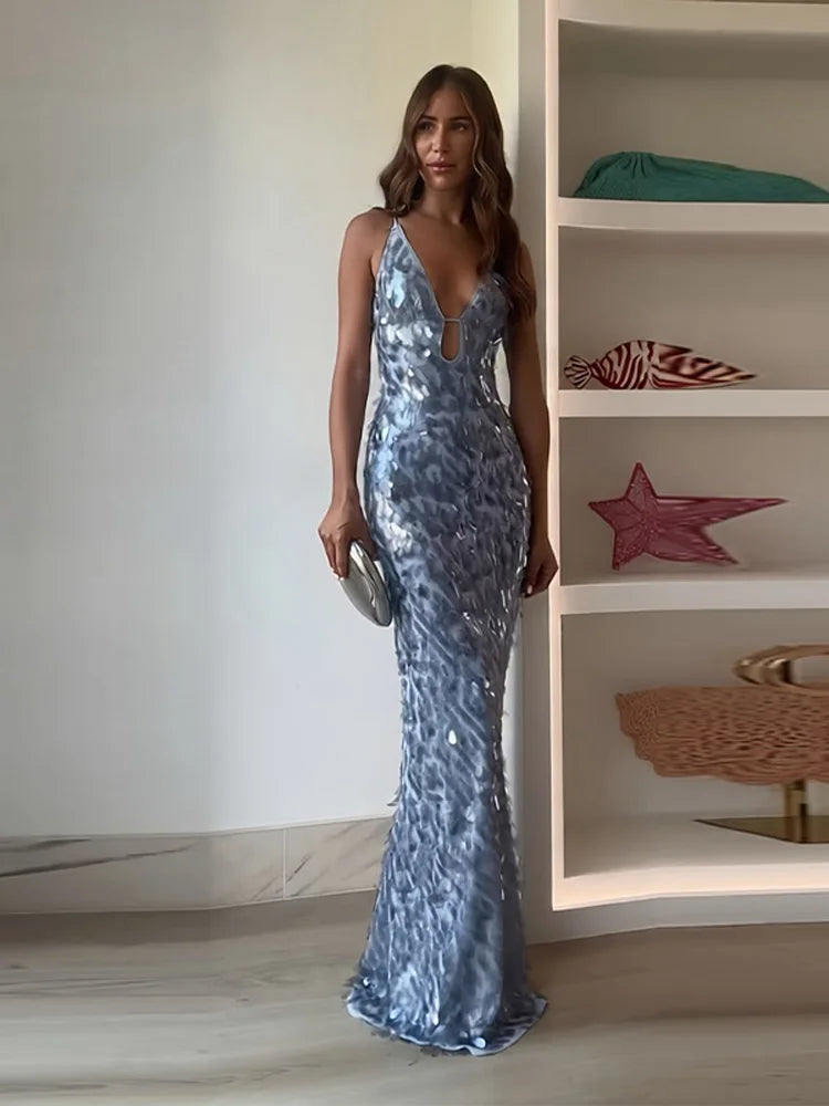 Gleaming Sequined V Neck Maxi Dress Sleeveless Backless High Waist Gown
