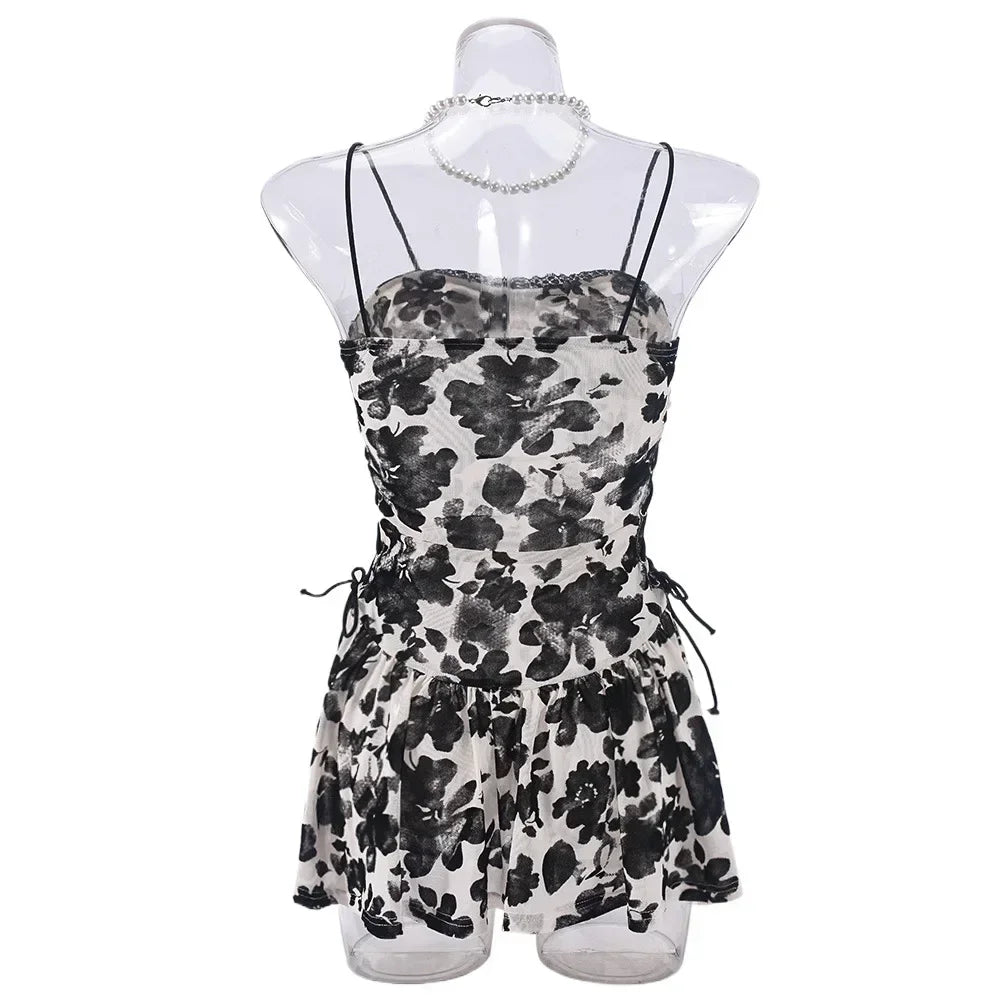 Floral Print Strapless Mini Dress With Ruffles Sleeveless Above Knee