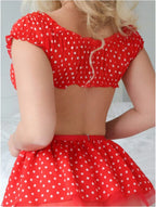 Polka Dots Tutu Lingerie Set Off Shoulder Twopiece with Plunge Bra and Satin Trim