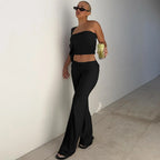 Strapless Crop Top And High Waist Ruched Flare Pants Set