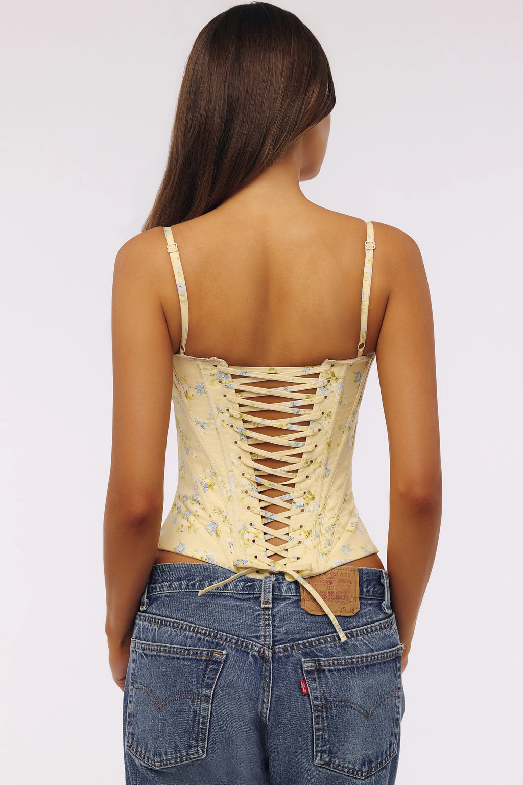 Sunny Floral Corset Top With Spaghetti Straps And Backless Lace Up Details