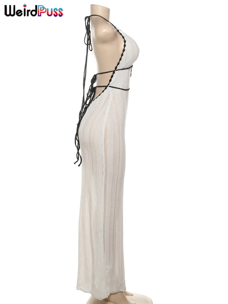 Backless Halter Dress in Color Block Lace Up