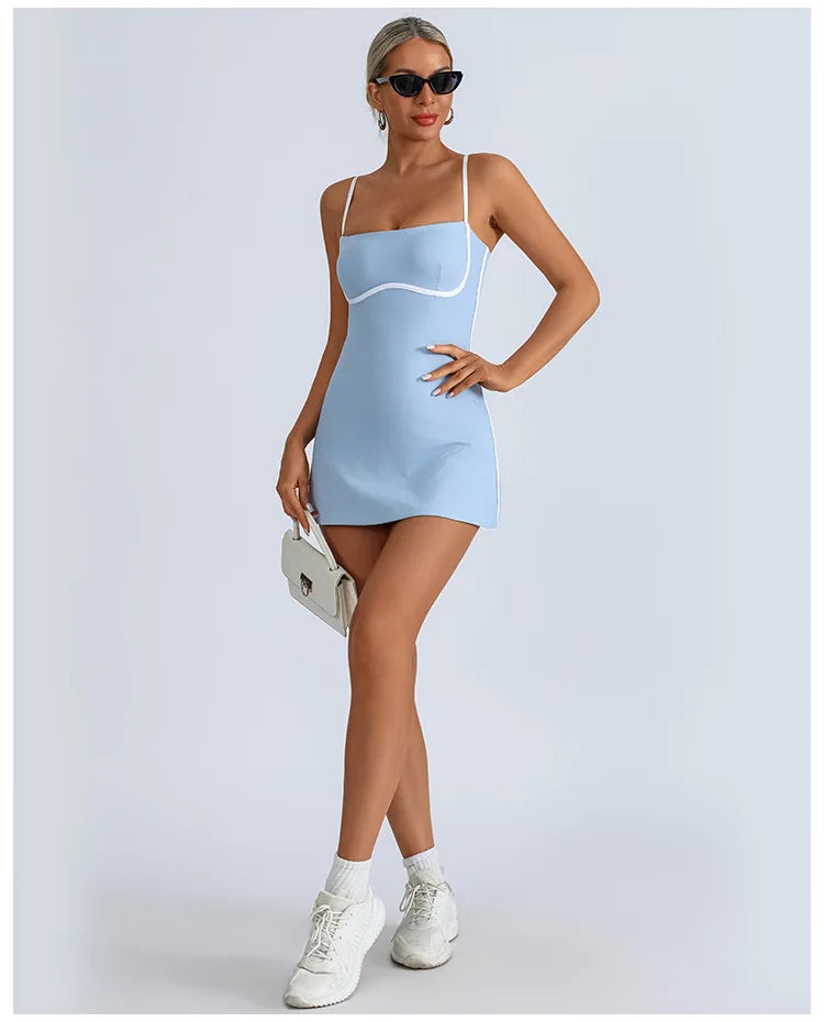 Women's Tennis Sleeveless Contrast Workout Yoga Build in Shorts Fashion Tight Fitting Skirts Suit