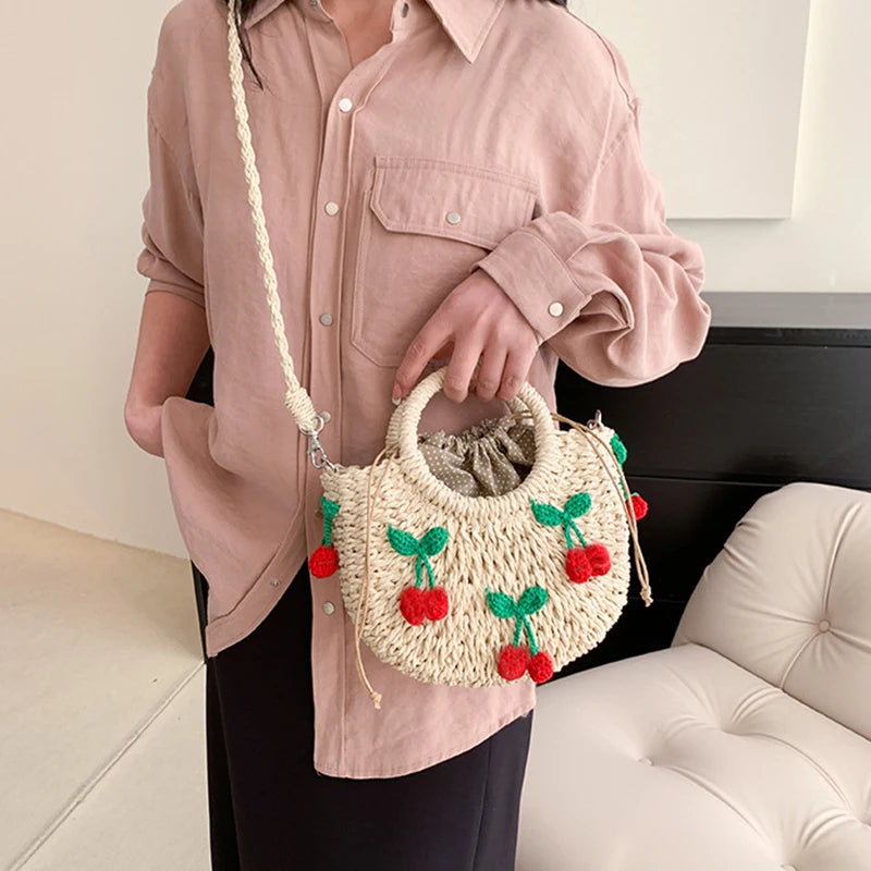 Cherry Deco Chic Shoulder Bag Mini Basket Purse Paper Weave Handmade