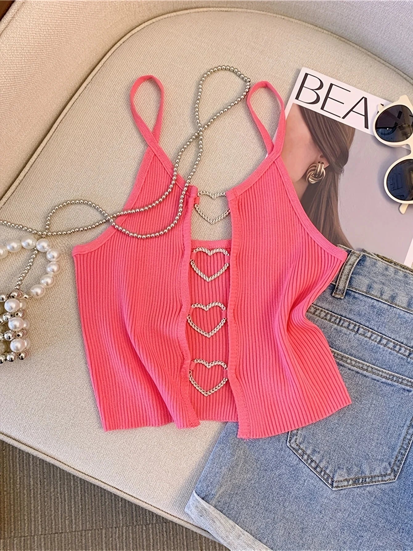 Ribbed Crop Top With Sleeveless Back Heart Decor Cami