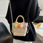 Straw Woven Shoulder Bag With Floral Details