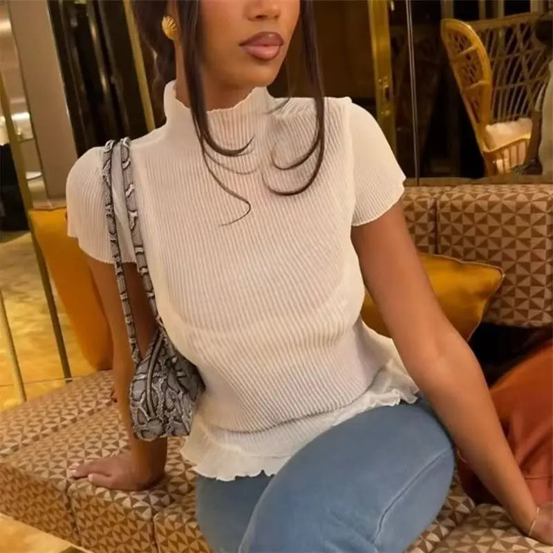 Women's Ribbed Slim Fit Stylish See Through Solid Color Turtleneck Short Sleeve Top