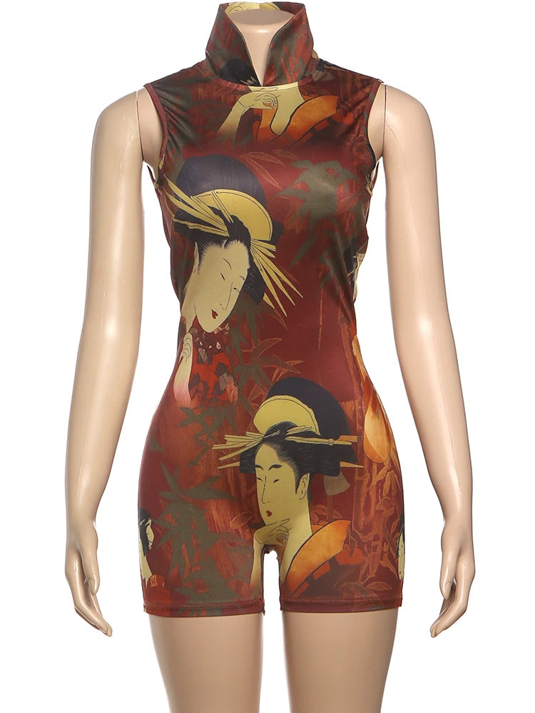 Backless Romper Women Sexy Button Turtleneck Sleeveless Ruched Vintage Cartoon Print Stretch Skinny Club Playsuit