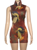 Backless Romper Women Sexy Button Turtleneck Sleeveless Ruched Vintage Cartoon Print Stretch Skinny Club Playsuit