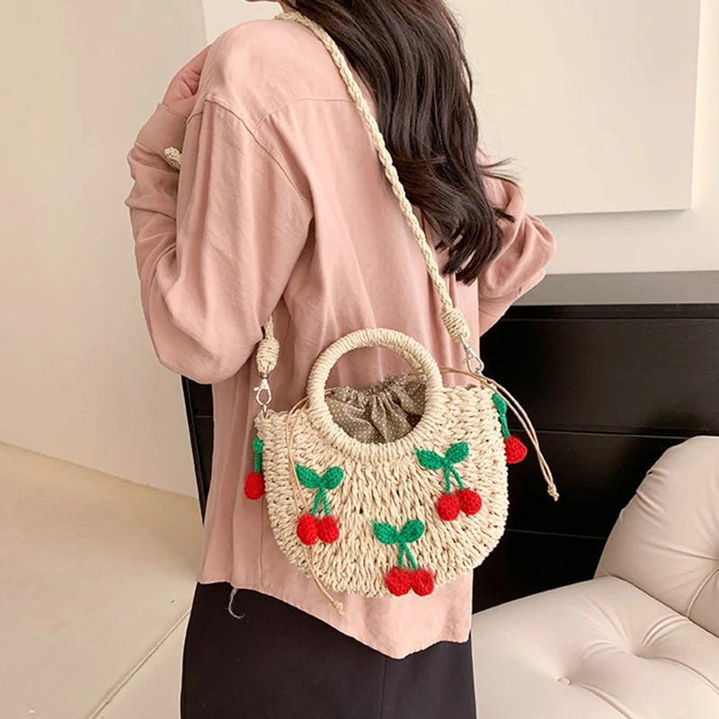 Cherry Deco Chic Shoulder Bag Mini Basket Purse Paper Weave Handmade