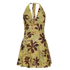 Butter Yellow Printed Lace Up Halter Backless Mini Dress