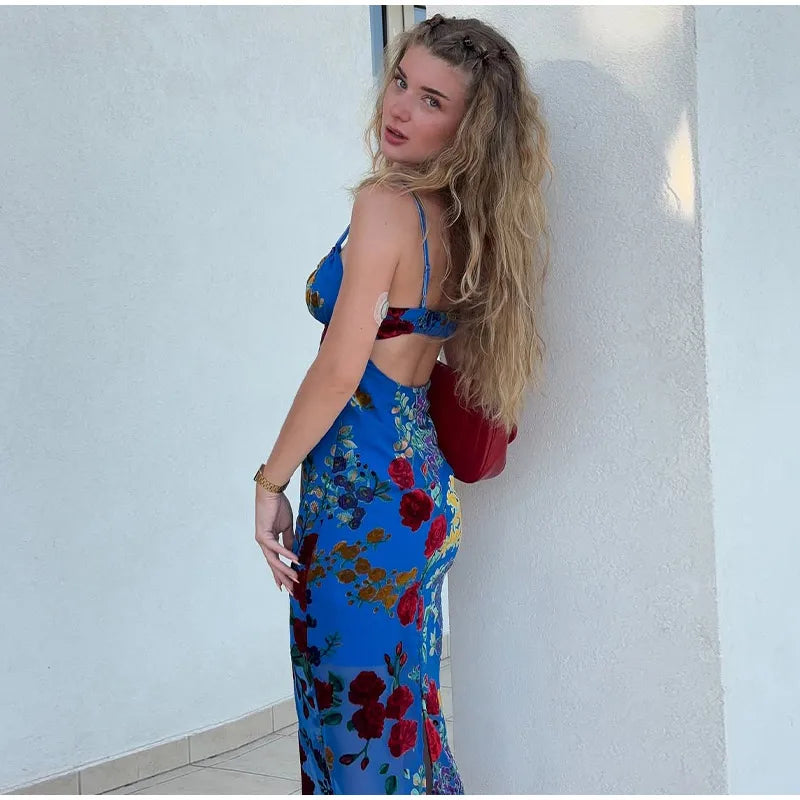 Retro Floral Lace Up Backless Maxi Dress