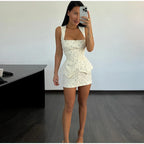 Floral Printed Waistband Short Dress With Square Collar Sleeveless Zipper