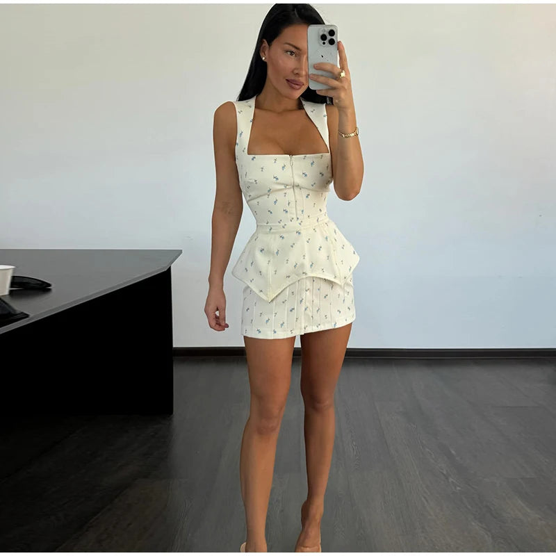 Floral Printed Waistband Short Dress With Square Collar Sleeveless Zipper