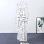 Sexy Sequin Hollow Out Knit Maxi Dress With One Shoulder Front Split Gown