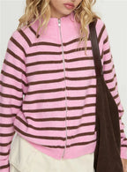 Cozy Striped Zip Up Cardigan With High Neck Knit