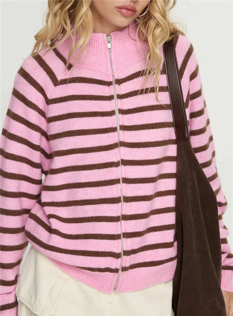 Cozy Striped Zip Up Cardigan With High Neck Knit