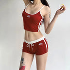 Embroidery Letter Contrast Set With Backless Camisole Top And Drawstring Elastic Shorts