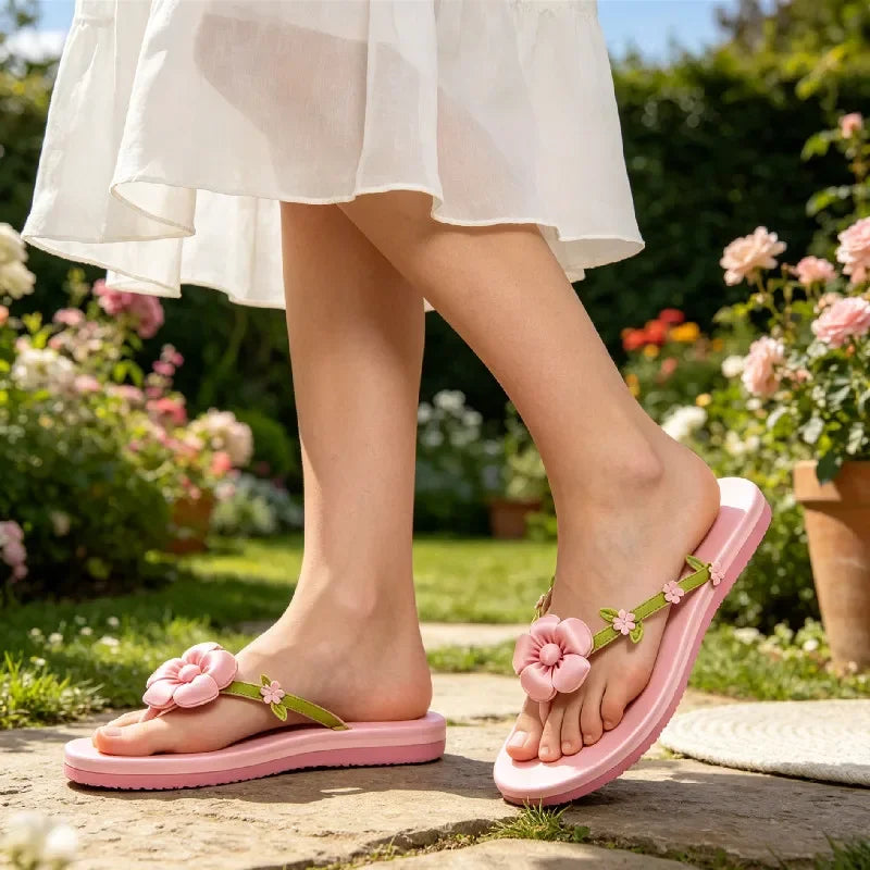 Pink Satin Flower Decorated Flip Flops For Women Comfortable Split Toe Sandals