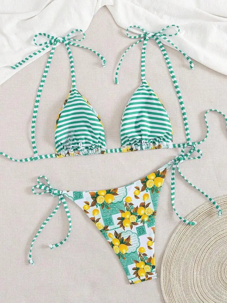 Sexy Fruits Pprint Striped Bikinis Set Two-pieces Back Tie Thong