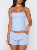 Striped Sleeveless Cami Set With Fold Over Shorts