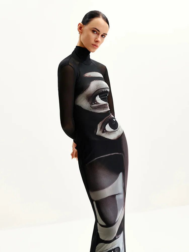 Printed Maxi Dress With Turtleneck And Long Sleeves Slim Fit