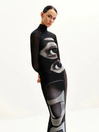 Printed Maxi Dress With Turtleneck And Long Sleeves Slim Fit