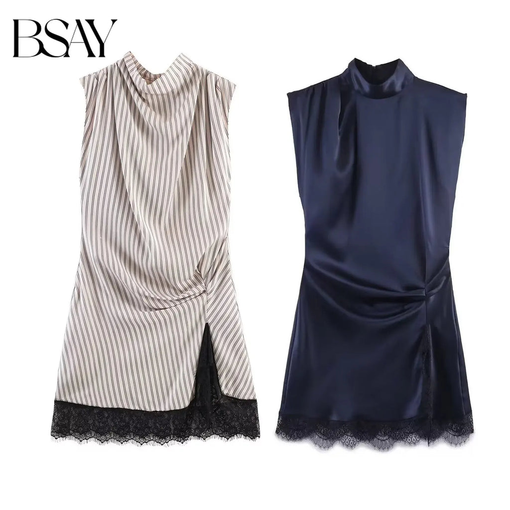 Pleated Hem Patchwork Mini Dress With Lace Inset Slit Detail Sleeveless Back Zip